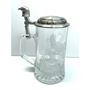 Vintage German Domex Glass & Pewter Lid Beer Stein Eagles‎ Flying Etched Design